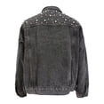 thumbnail image 6 of DHFJKG Women Crop Denim Jacket Fitted Distressed Washed With Pearl Embellishments Button Up Long Sleeve Turndown Collar Cropped Jean Jacket Versatile Coat, 6 of 7