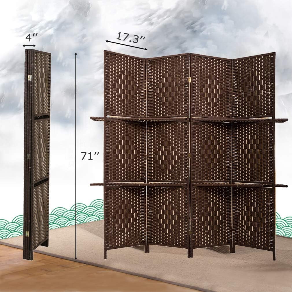 XF XINFENG 6 ft Wood 4-Panel Room Divider and Folding Privacy Screen with 2 Tier Display Shelves, Decorative Screen Freestanding Office Temporary Wall Divider Diamond Room Partition, Brown