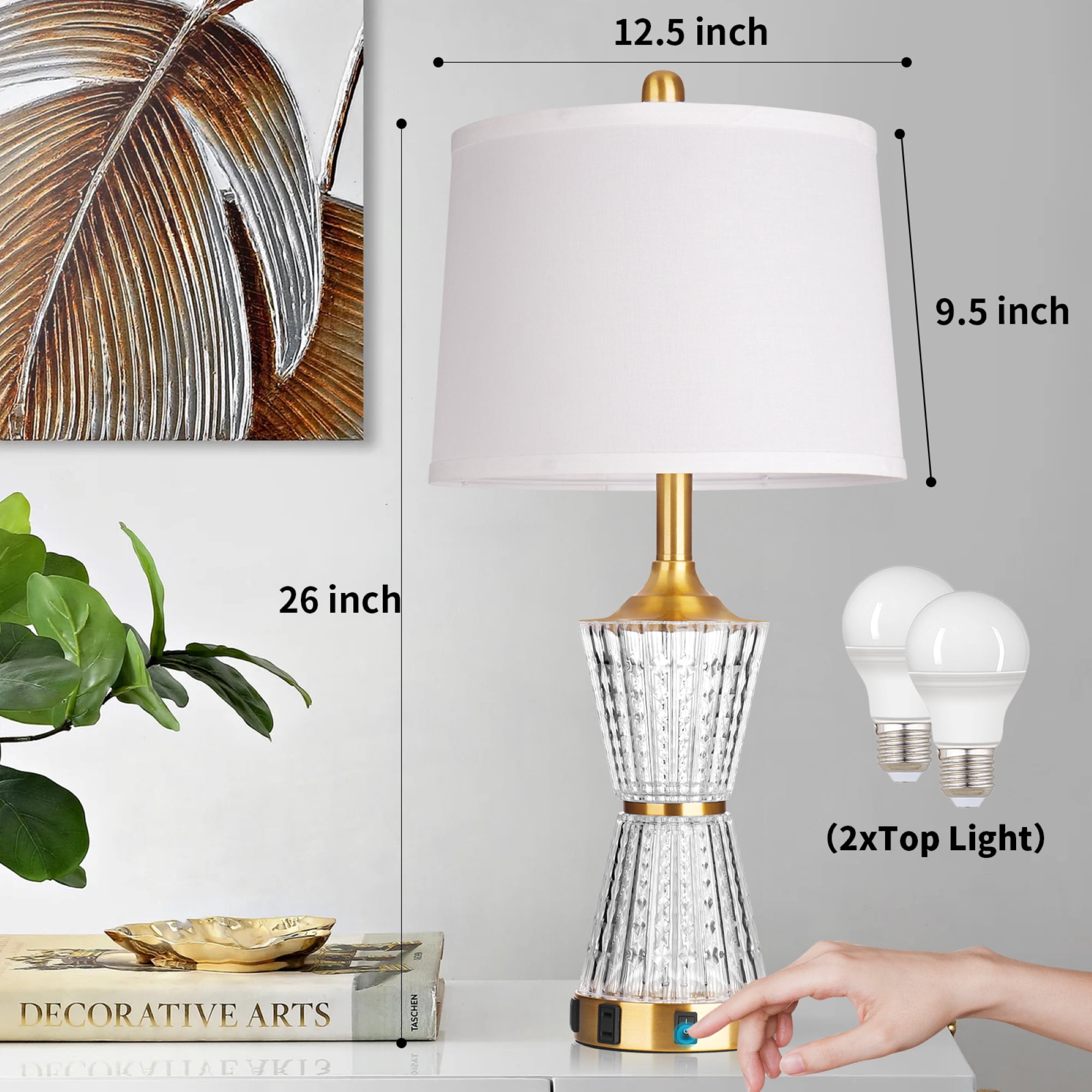 Cinkeda Gold Acrylic Night-light Table Lamp 2in1 with 2 USB Charging Ports An AC Outlet Rotary Switch & Rocker Switch (Set of 2)