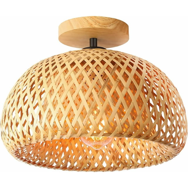 Bamboo Ceiling Light, Semi-Flushmount Wicker Ceiling Light, Handmade Boho Rattan Ceiling Light Fixture