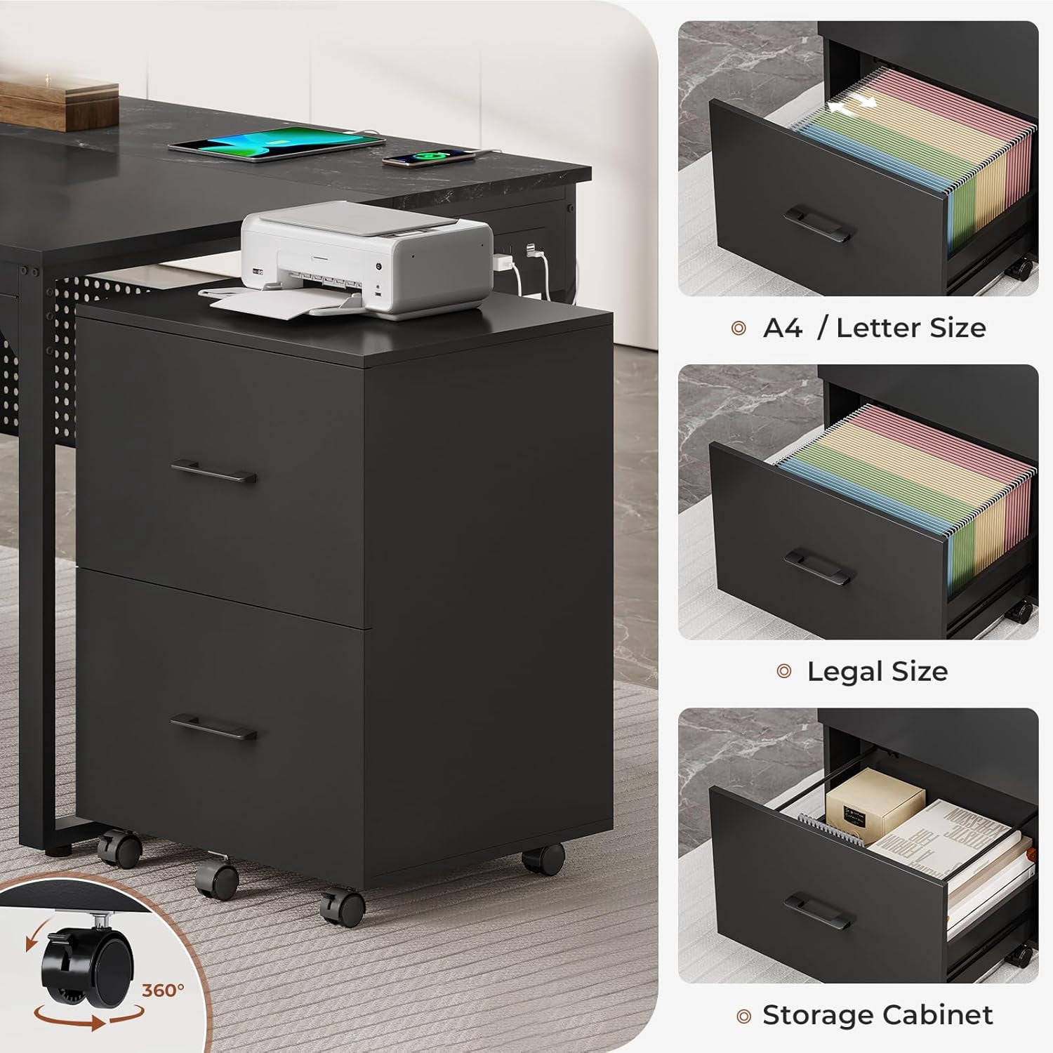 71" Executive Desk, Reversible L Shaped Desk with Mobile File Cabinet & Power Outlets, Large Office Desk with Drawers, Storage Shelves, Hooks, Corner Computer Desk for Home Office (Black)