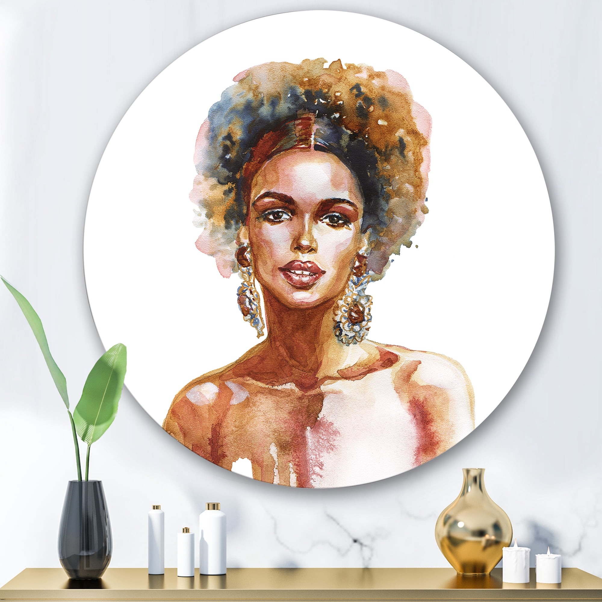 Designart 'Portrait of Afro American Woman V' Modern Circle Metal Wall Art 36x36 - Disc of 36
