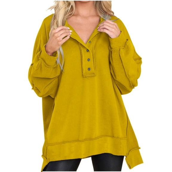 ZyeKqe Oversized Sweatshirt for Women Solid Color Button up V Neck Pullover Tops Side Slit Blouses Fall Fashion Clothes
