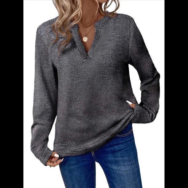 Blusas de Punto Gofre para Mujer, Camisas de Larga con Cuello en V, Blusas Casuales Elegantes Estilo Henley, Conjuntos de Otoño 2025 Gris Oscuro XXL