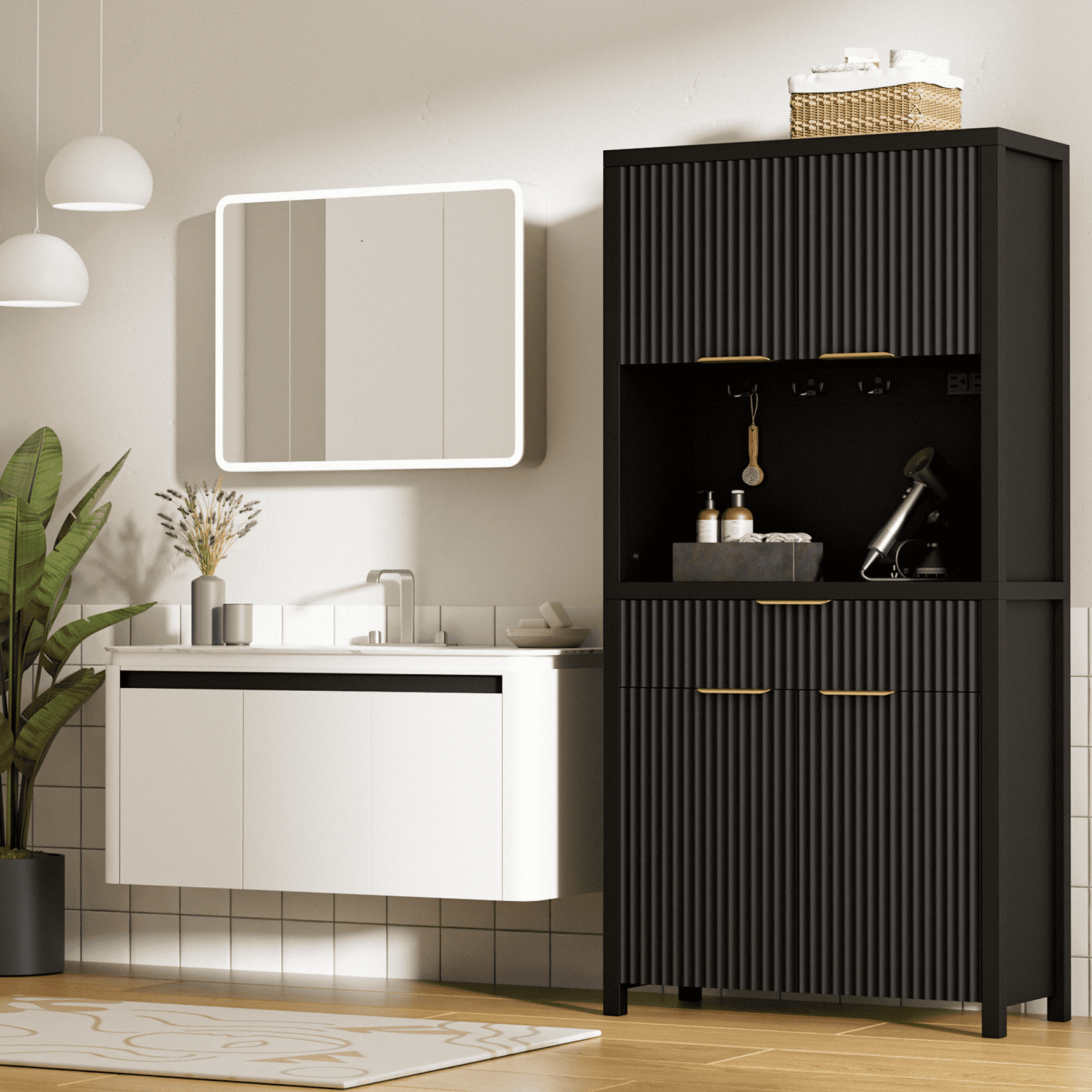 Laintene Fluted Pantry Storage Cabinet, 71" Tall Kitchen Pantry Cabinet with Charging Station, Adjustable Shelves, Drawer and Open Countertop, Wood Hutch for Dining Living Room, Black