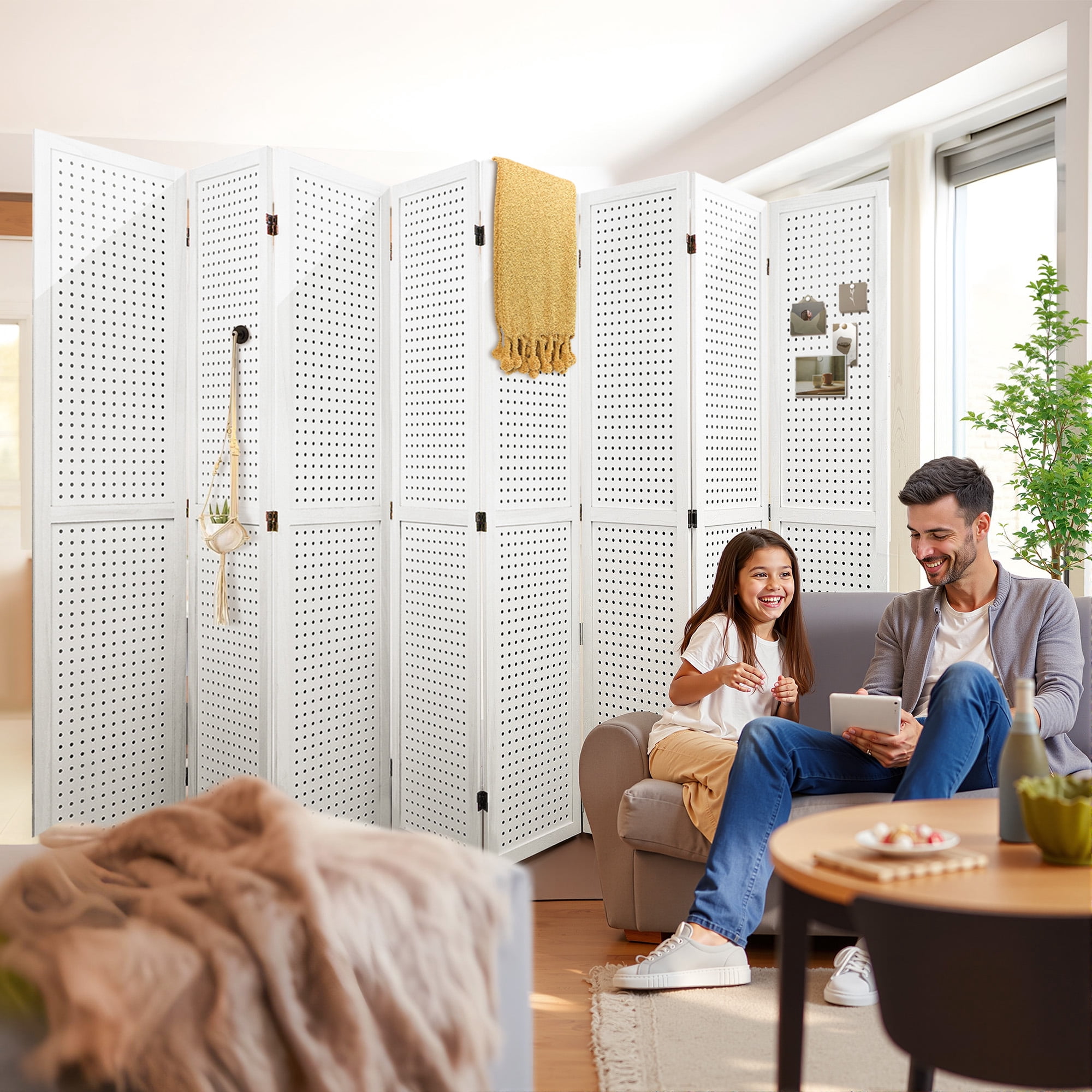 MAYEERTY 8 Panel Wood Pegboard Room Divider, Folding Privacy Screen with Hanging Storage for Bedroom & Office, 67" White