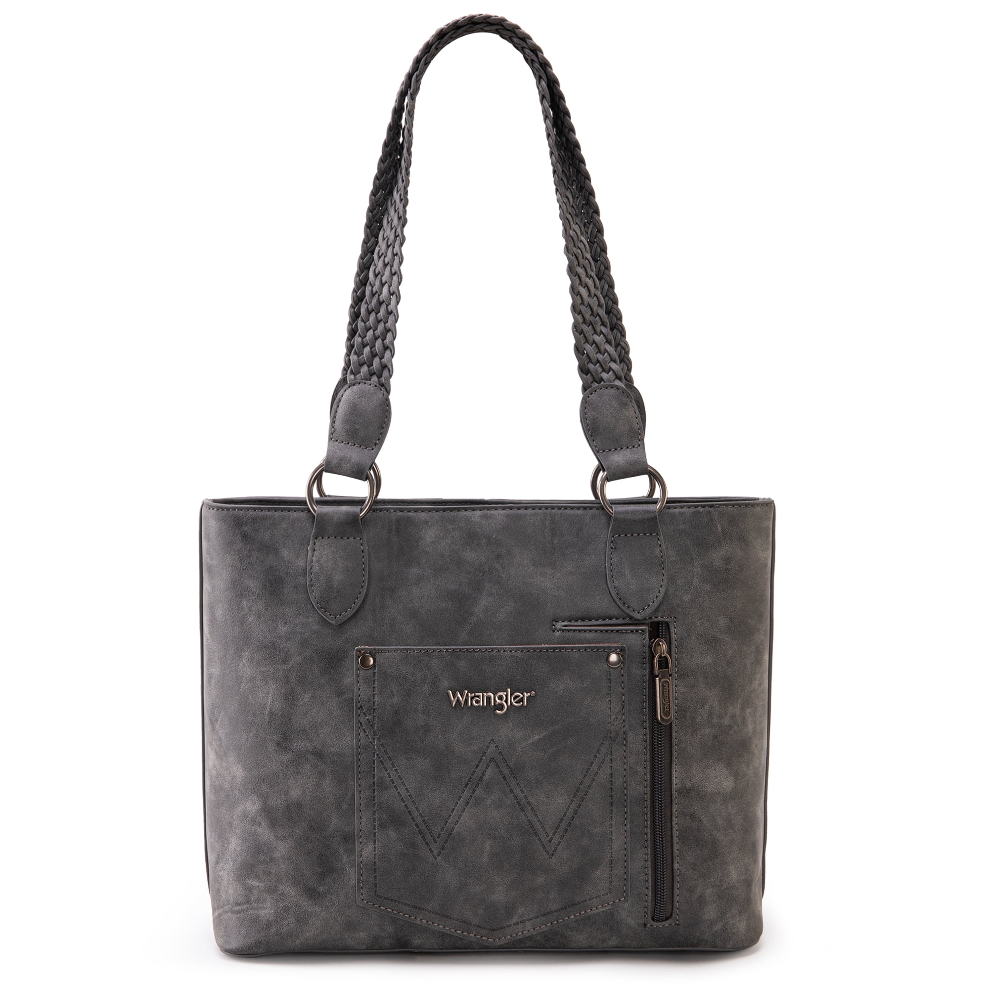 Wrangler Distressed Tote Bag for Women Western Purse Multi Pockets Handbags and Shoulder Bag, Braided-frost Grey
