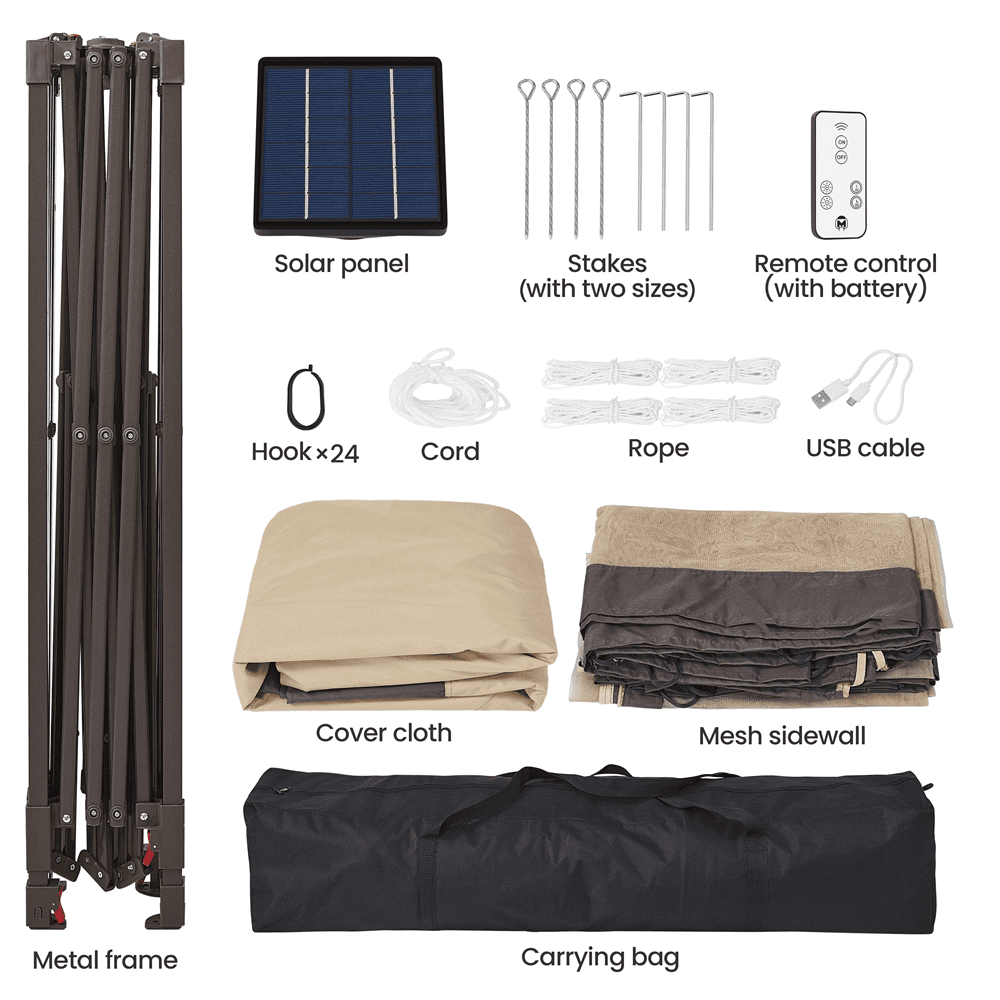 Topeakmart 11x11ft Pop-up Gazebo with 4 Mesh Walls, Solar LED Lights for Outdoor, Khaki/Brown