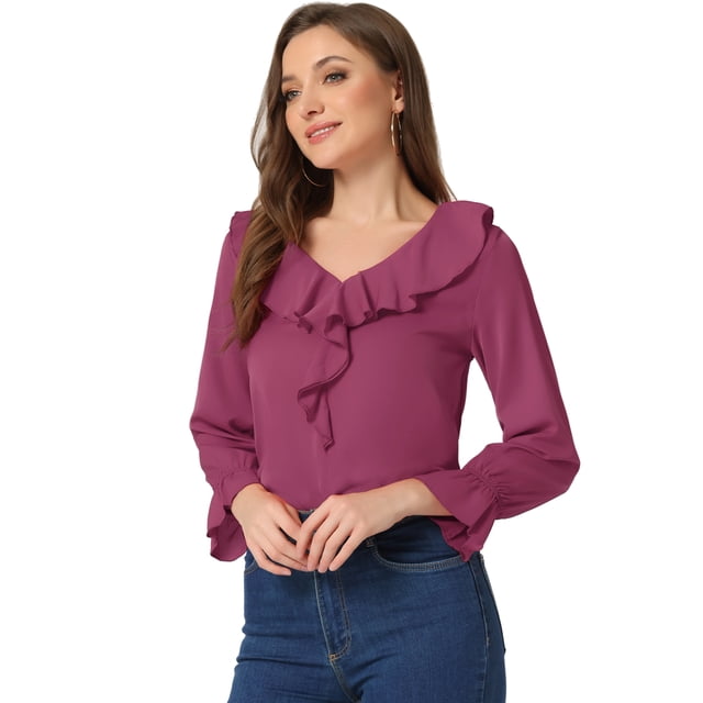 Blusa de gasa con cuello En V con volantes Allegra K Fucsia L