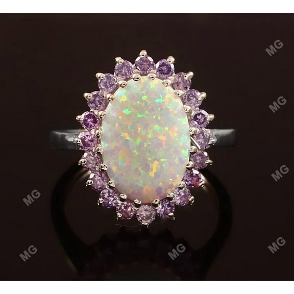 Unique Opal Lavender Amethyst Flower Ring,Oval Cut Amethyst Promise Ring,Floral Cluster Opal Halo Ring,Birthstone,Anniversary Gift For Women