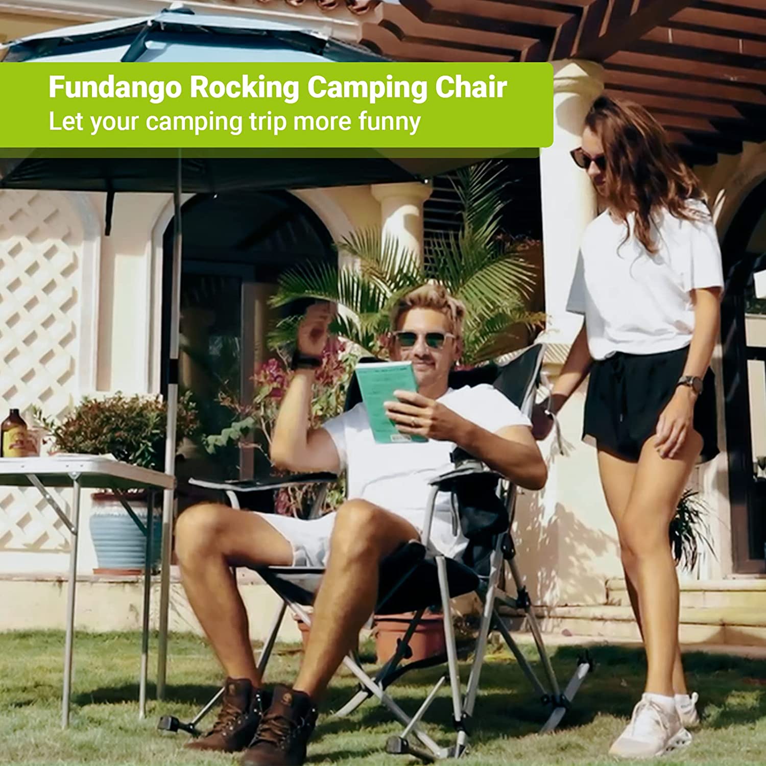 FUNDANGO 2 Pack Camping Rocking Chairs Folding Swing Chair Lounger with Headrest for Adult Support 220lbs Black - image 5 of 6
