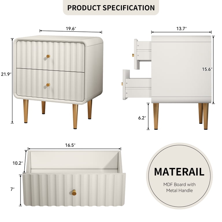 HLR 20" Modern Fluted Nightstand, White with Gold Handles photo 2