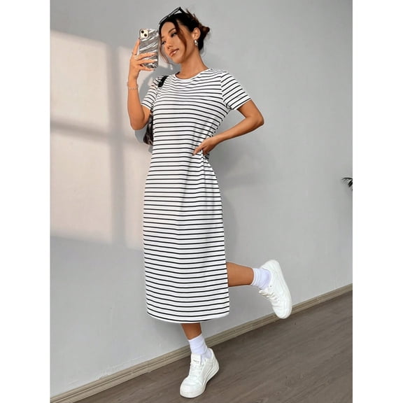 Black And White Striped Knit Short Sleeve Midi Dress Casual Summer Style