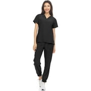Hey Collection Womens Stretch Colorful V-Neck Jogger Scrubs Set, Medical Nursing Tops with Four Pocket Scrubs Jogger Pants