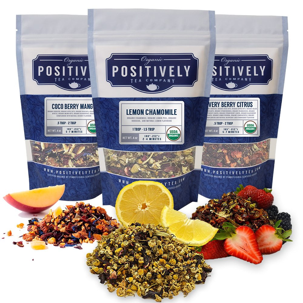 Positively Tea's Organic Herbal Tea Sampler, Loose Leaf, 4 oz Bags, 3 Pack