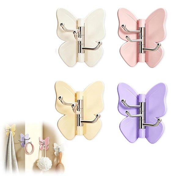 Rotating Butterfly Adhesive Wall Hooks, Heavy Duty No Drill Stainless Steel Hangers, Swivel 3-Prong Holder for Bathroom