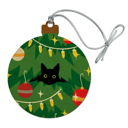 Black Cat Hiding in Christmas Tree Wood Christmas Tree Holiday