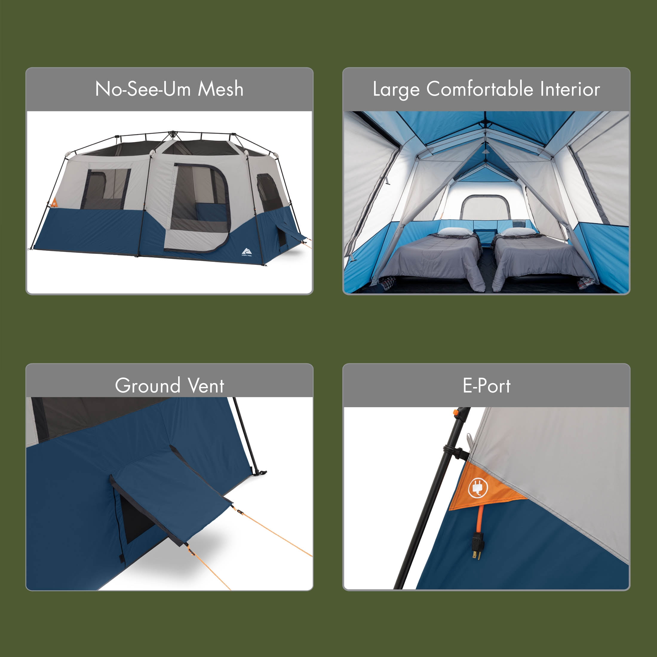 Ozark Trail 8 Person Family Instant Cabin Tent, 13' x 9' x 72", made with recycled materials, blue