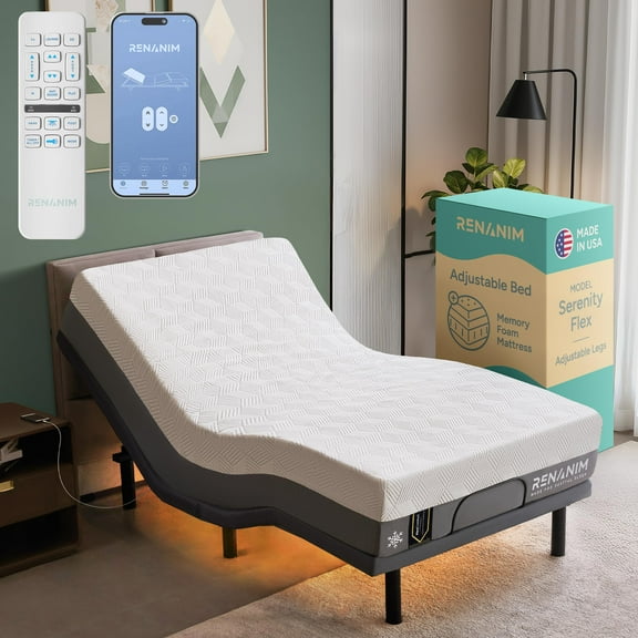 Renanim SF Adjustable Bed Frame with Mattress Included Massage - Twin XL Adjustable Bed Medium Mattress - Cooling Gel Memory Foam Mattres, USB, UnderBed Light Zero Gravity Electric Base