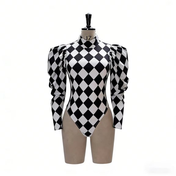 Black White Diamond Check Bodysuit, Puff Long Sleeve Mock Neck Costume For Party Photoshoot