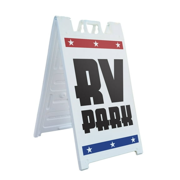 RV Park 24" x 36" Double Sided A-Frame Sidewalk Sign, Includes 2 Plastic Inserts | Foldable Portable White Signicade Sandwich Board | Outdoor Adventures, Camping Sites, Clear Messaging