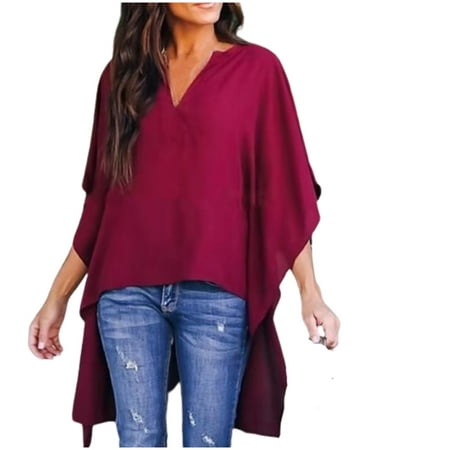 

Women Solid Short Front Long Back Thin Long Sleeve V-Neck Shirt Blouse Top