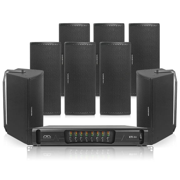 Sound Town Passive Wall-Mount Installation Speaker System with Eight Wall-Mount Speakers, One 8-Ch Power Amplifier, for Meeting Room, Conference, Restaurant, Commercial Installation (ETI8XU208B)