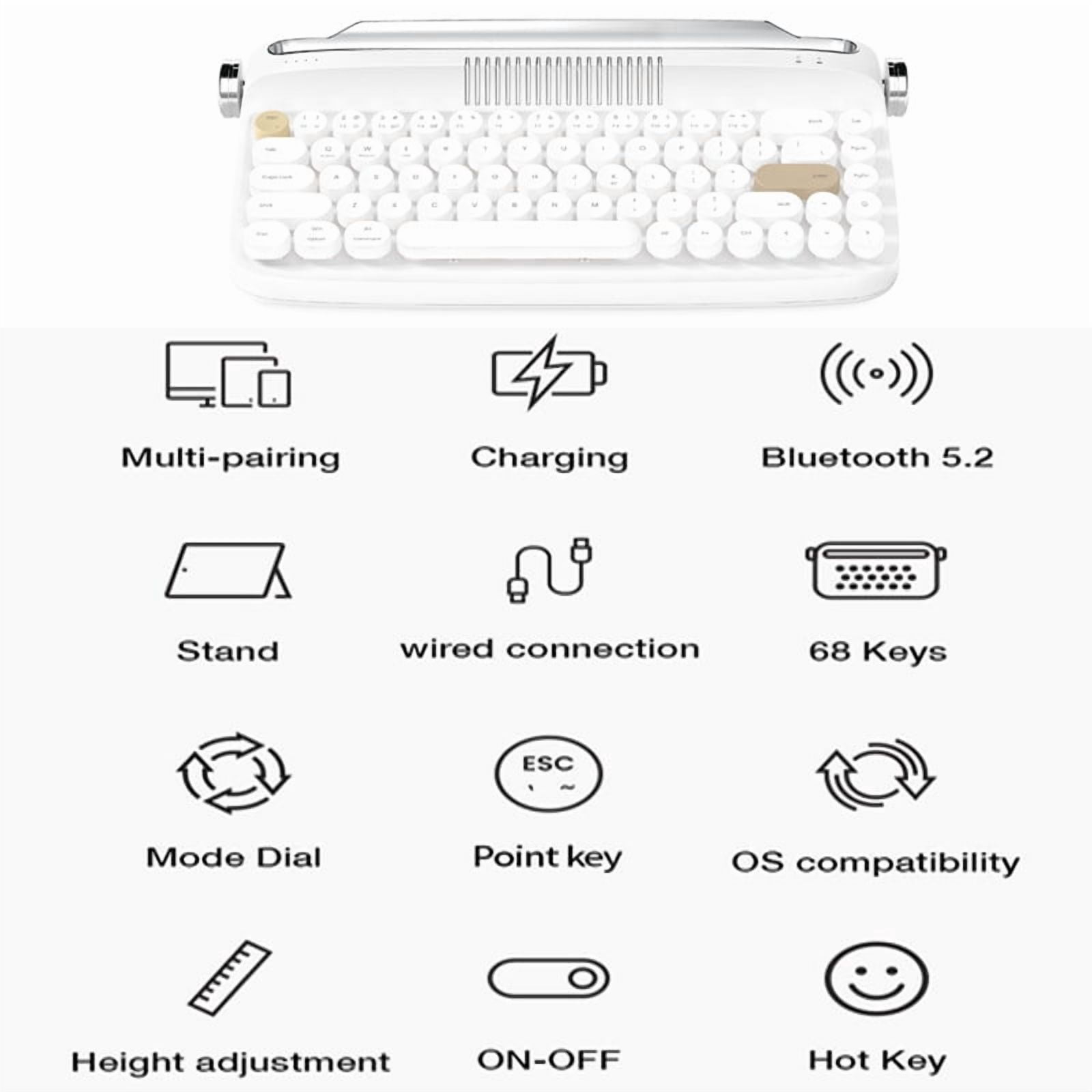 New Retro Wireless Bluetooth Keyboard 68 Keys Rechargeable Typewriter Type Aesthetic Keyboard for Tablet Laptop and Multi-Device