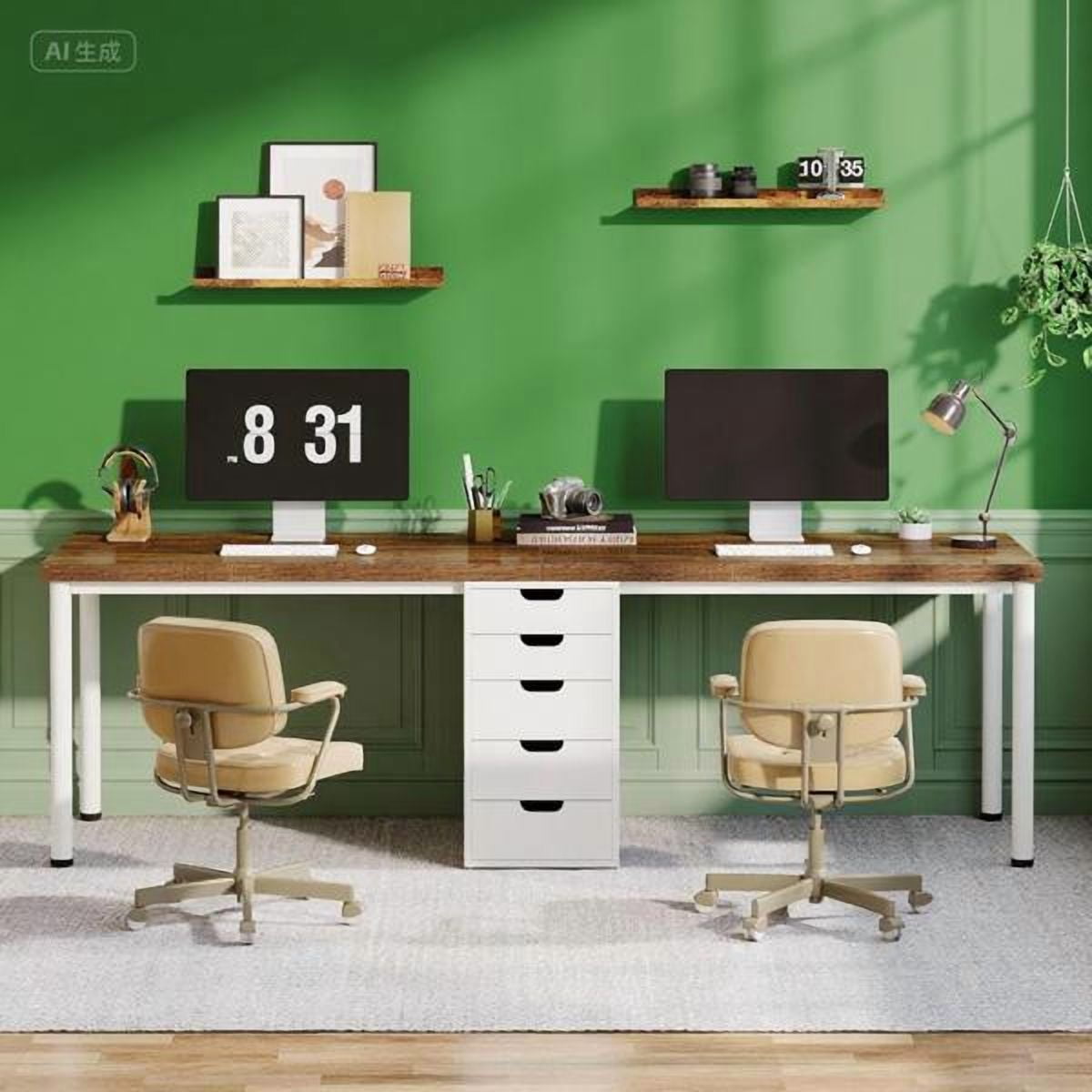 78.7 Inch 5-Drawer Double Computer Desk - Two-Person Workstation with Storage, Brown & White, MDF with Metal Legs - for Home Office