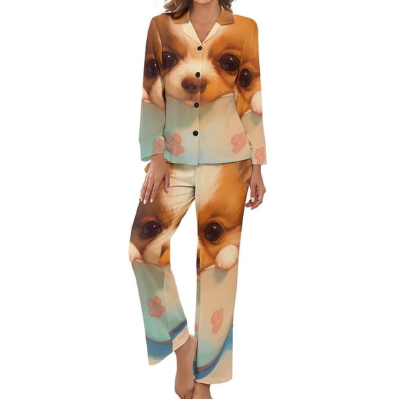 Cute Doggie Teacup Women's Long Sleeve Flannel Pajama Set Sleepwear S