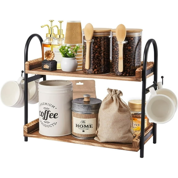 Coffee Bar Accessories, 2-Tier Coffee Bar Organizer with 4 Coffee Cup Holder Hooks, Mul-tifunctional Wooden Beaded Coffee Station Countertop Stand Shelf for Kitchen Home Office