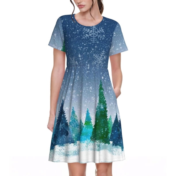 Balery Christmas Trees Vestidos sueltos de manga corta para mujer, vestidos de verano 2025, vestidos casuales de corte A con vuelo.