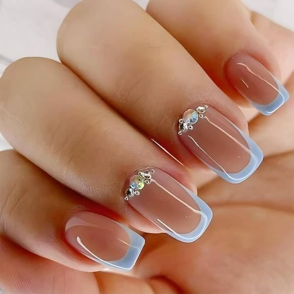 French Tip Press on Nails Short Square Fake Nails Blue False Nails with Designs Rhinestones Glue on Nails Full Cover Artificial Acrylic Nails Cute Glossy Stick on Nails for Women Decorations 24Pcs