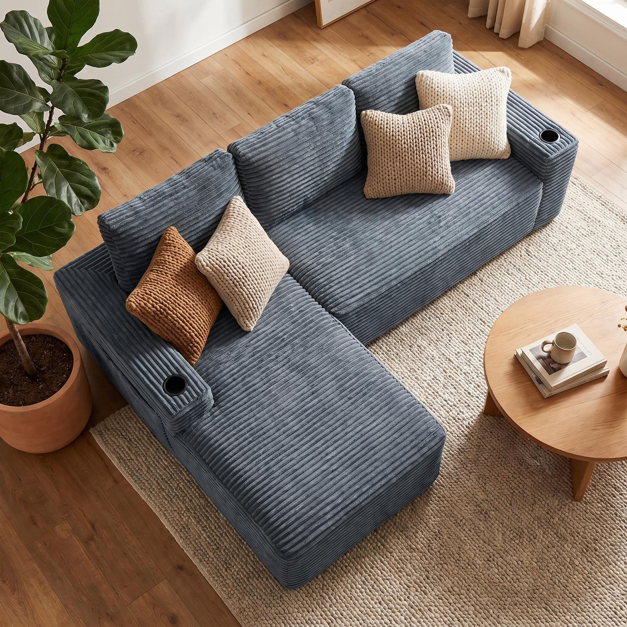 AISWORD 104.3" L-Shaped Modular Sectional Sofa, Corduroy 4-Seater Cloud Couch with Cup Holders & Side Pockets, Boneless Upholstered Sofa, No Assembly, Gray, Left-Facing Chaise