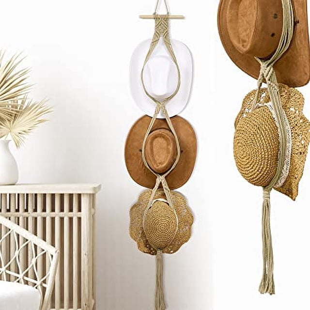 (Beige, estilo tres sombreros) Perchas de macramé para sombreros, soporte para sombreros de pared, perchero bohemio para mujer, organizador de sombreros para colgar en la pared, perchero decorativo pa
