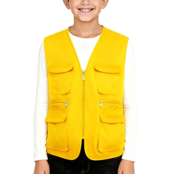 BRGZLK Kids Cargo Vest Solid Color Zip Up Spring Autumn Travel Multi Pocket Unisex Outer Wear Lightweight Utility Volunteer Vest Top Yellow 9-10 Years