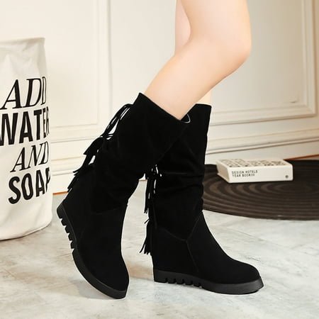 

YOTAMI Womens Shoes Flat Bottomed Fringed Boots Fashionable Concise Charm Women s Boots Black