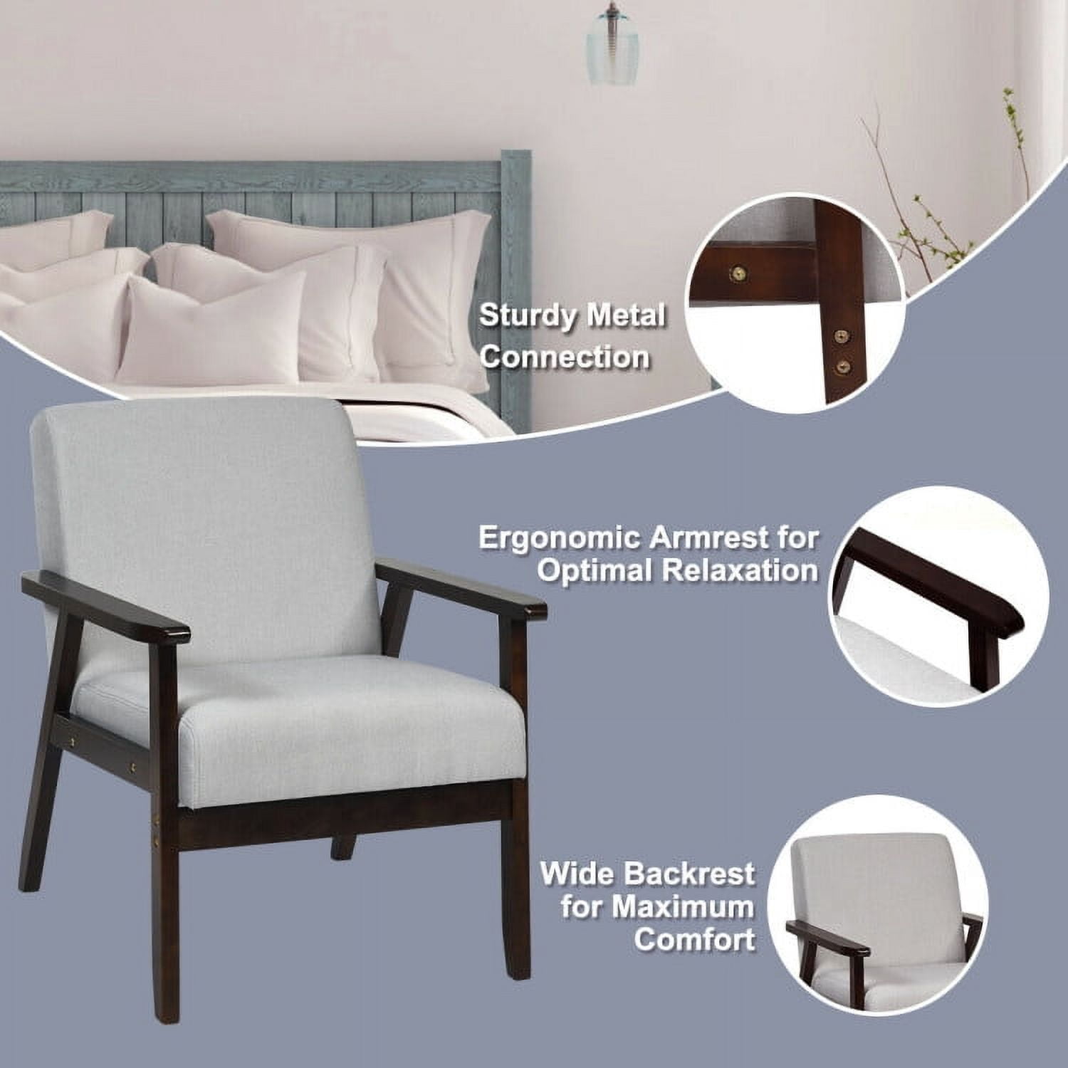 Demi Bonn Mid-Century Modern Accent Chair, Retro Fabric Armchair, Solid Rubber Wood Fabric Accent Armchair, for Living Room, Light Gray