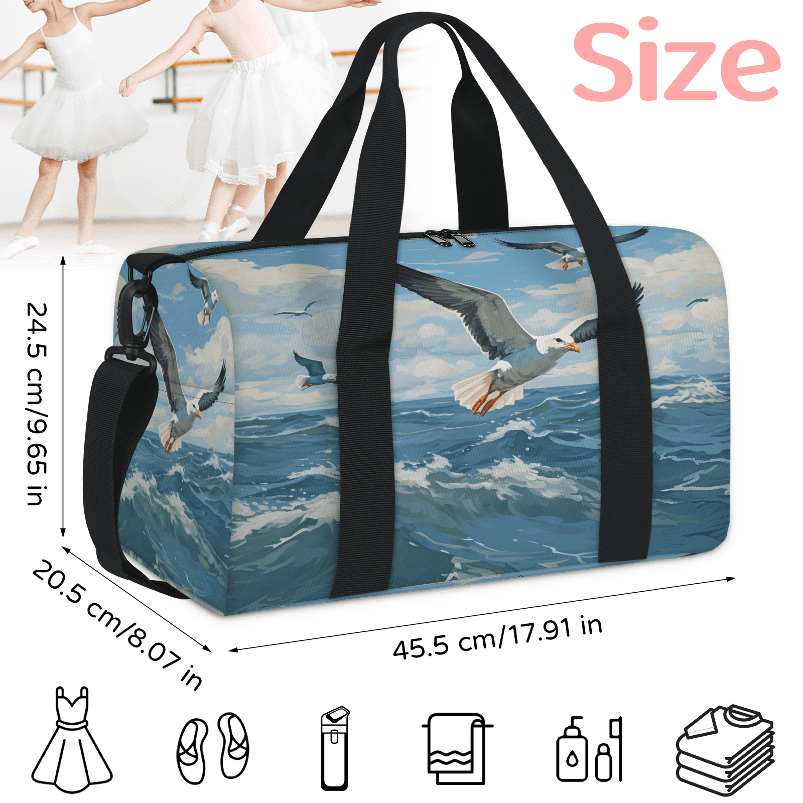 Herdesigns Seagull Gym Bag for Women, Duffle Bag for Travel Sport, Ocean Sea Bird Lightweight Waterproof Carry on Weekender Dance Yoga Workout Bags