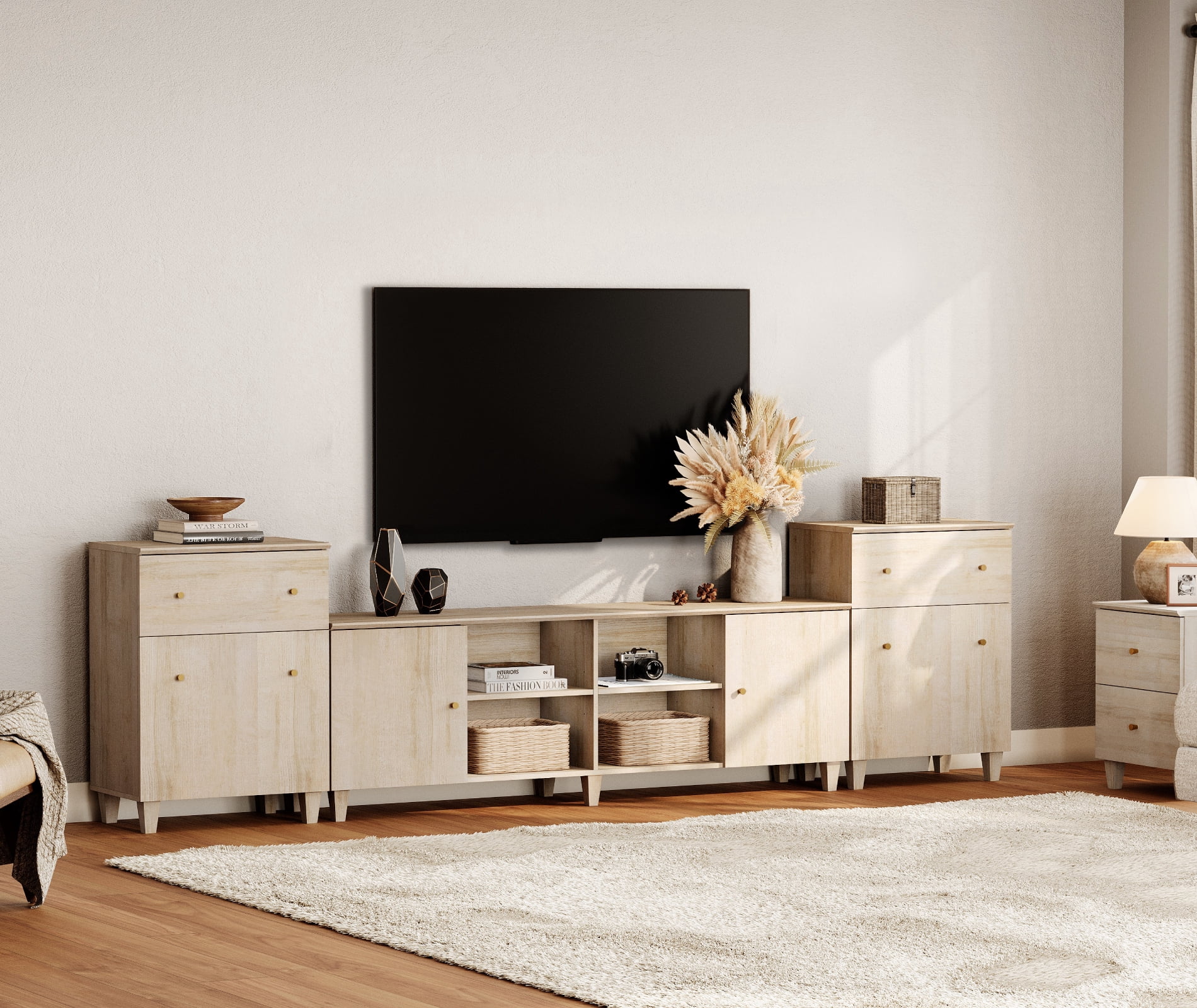 WAMPAT 3-in-1 TV Stand with Cabinets and Drawers, Modern Wood Entertainment Center Media Console for 75+ inch TVs, Light Oak