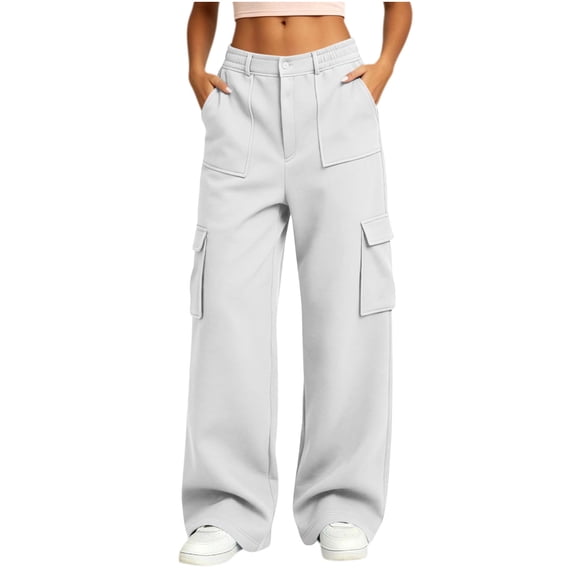 Ghalytn Women's Fleece Lined Cargo Pants, Elastic Waist Wide Leg Casual Sweatpants with Multi Pockets