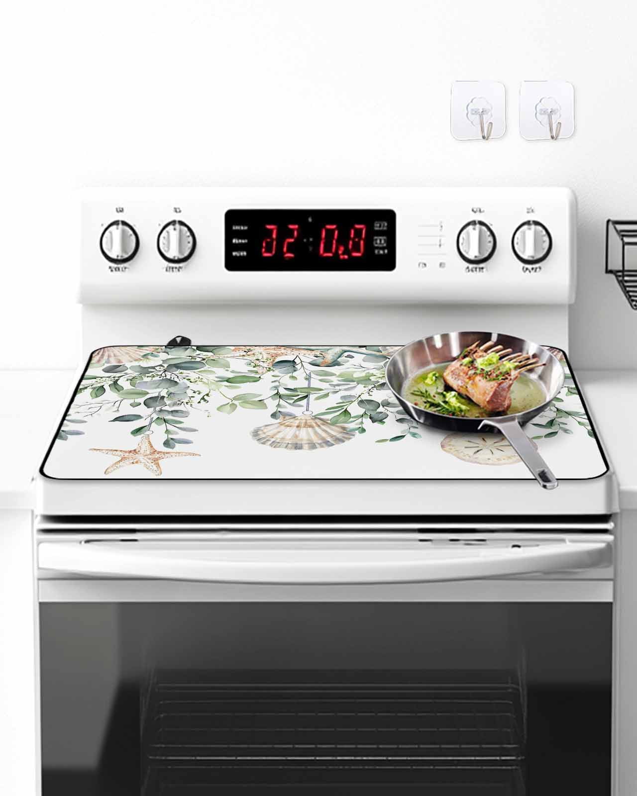 Stove Top Covers for Electric Stove, Green Coastal Glass Stovetop Cover Protector, Eucalyptus Leaves Summer Beach Starfish Induction Cooktop Protector Oven Mat for Kitchen Countertop 36"x21"
