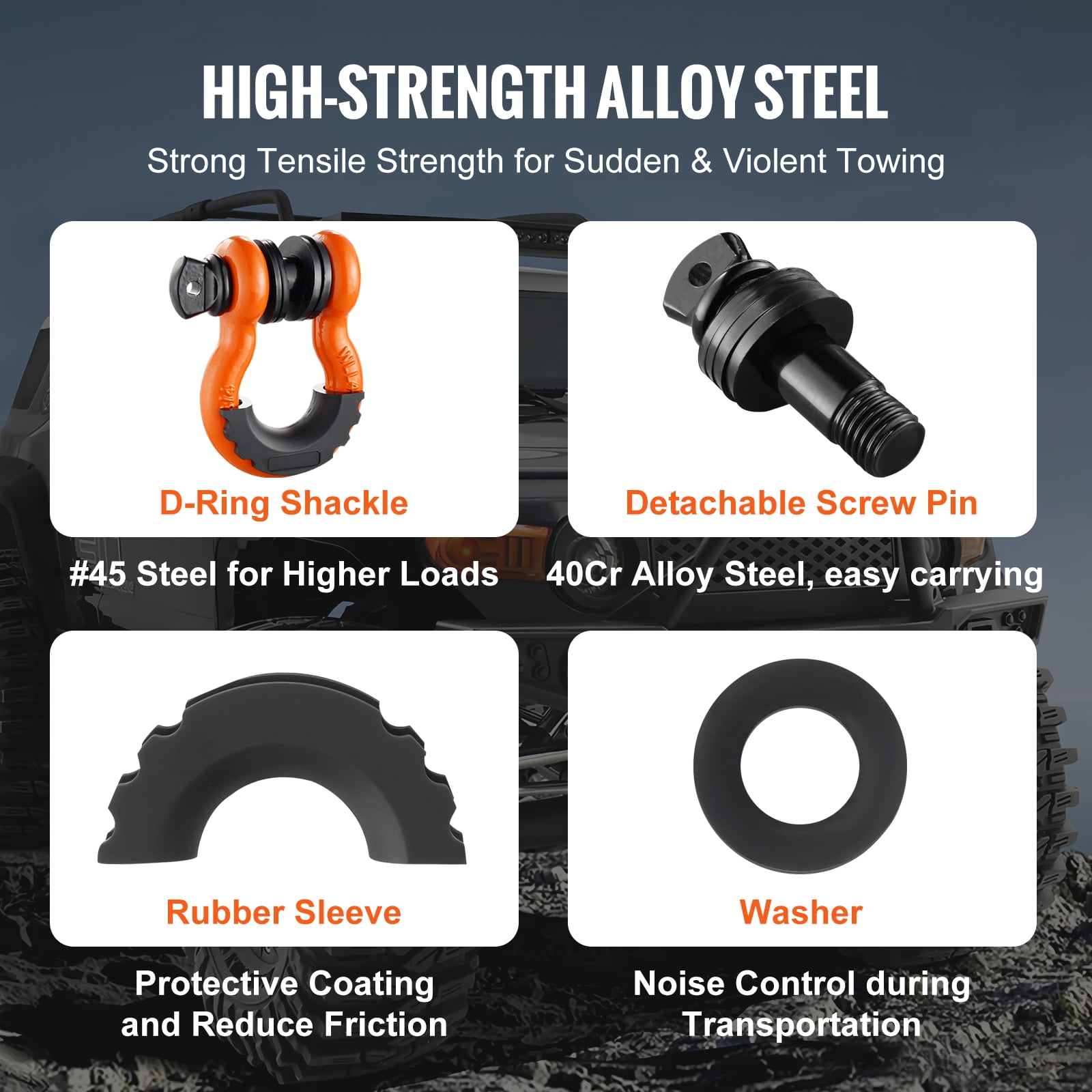 VEVOR 3/4" D-Ring Shackle, 2 Pack Alloy Steel Shackles 62832 lbs (28.5 Ton) Break Strength with 7/8" Screw Pin,Isolators & Washers, Heavy Duty Off Road Vehicle Recovery Shackle for Jeep Truck,Orange