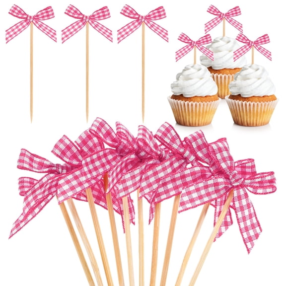 Uxcell 30-Pack Bow Cupcake Toppers, Ribbon Bow Cake Toppers Plaid Bowknot Cupcake Picks Birthday Cake Decor for Bridal Shower [Rose Red]