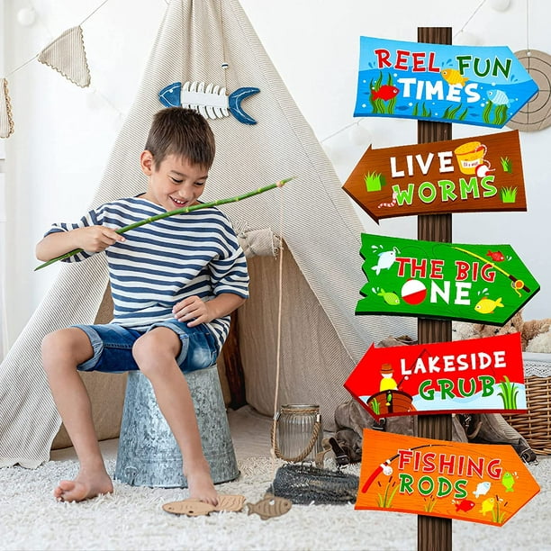 20 Pieces Gone Fishing Party Directional Signs The Big One Welcome Signs  Backyard Door Cutouts Summer Birthday Baby Shower Party Favor Ideas