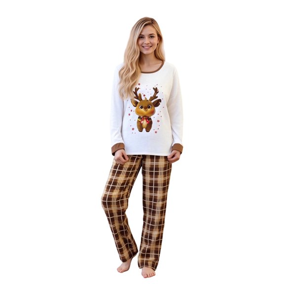 Christmas Family Pajamas Matching Set Long Sleeve Elk Print Tops and Plaid Pants Sleepwear