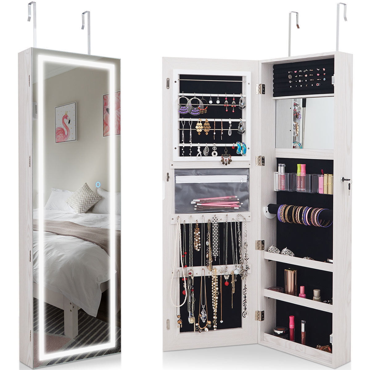 Lockable Wall Mount Mirrored Jewelry Cabinet Organizer Armoire w/ LED Lights US 