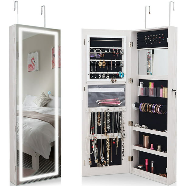 Costway Door Wall Mount Touch Screen Led Light Mirrored Jewelry Cabinet Storage Lockable White Com - Wall Door Mirror Jewelry Storage