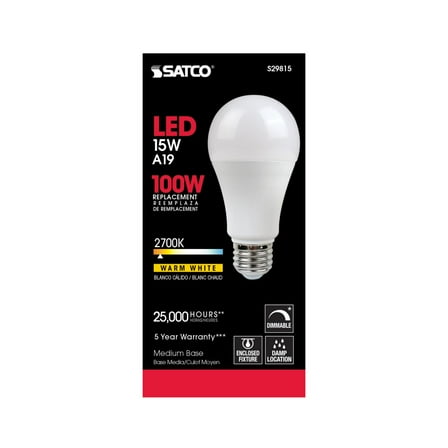 SATCO S29815 15 Watt 120V  A19 LED  Frosted  2700K E26 Medium Base Dimmable (6 LED Light Bulbs)