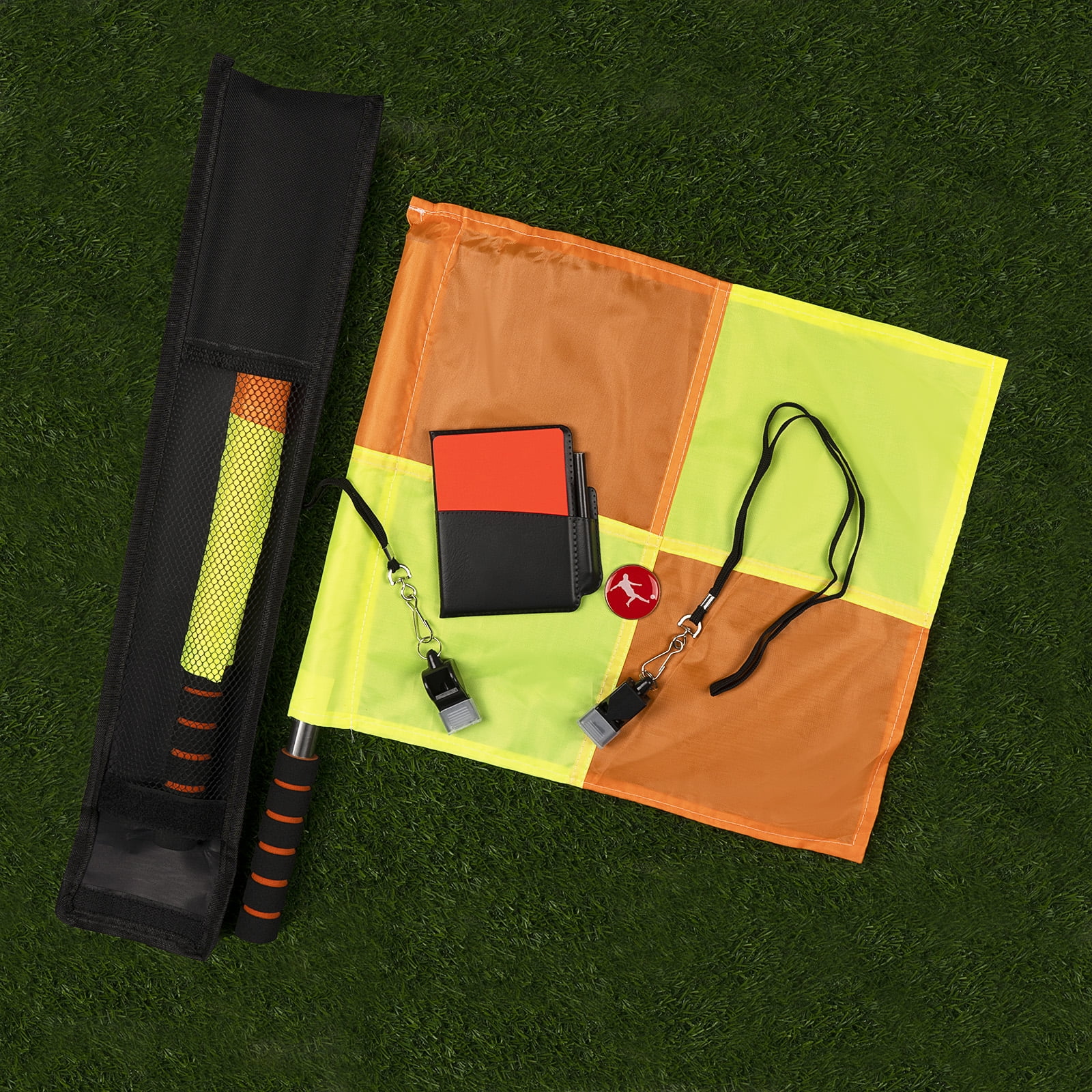 Linkidea Soccer Referee Starter Kit, Checkered Linesman Flags, Referee Cards with Record Book and Pencil, Referee Whistle and Toss Coin for Football